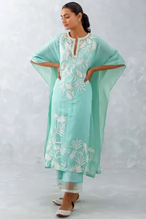 Aqua Blue Embroidered Cotton Silk Satin Kaftan Set