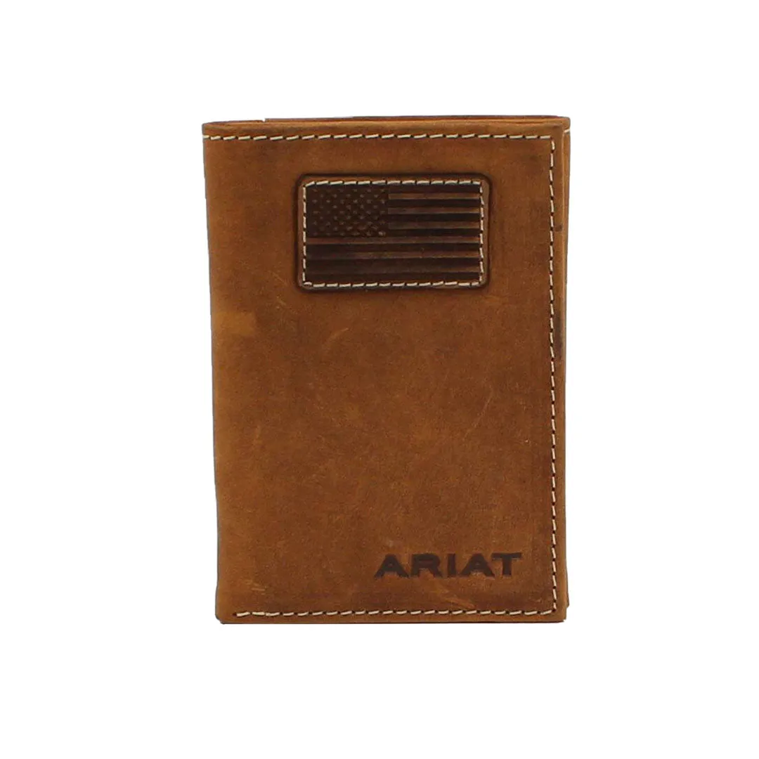 Ariat Men's Flag Patch Logo Medium Brown Trifold Wallet