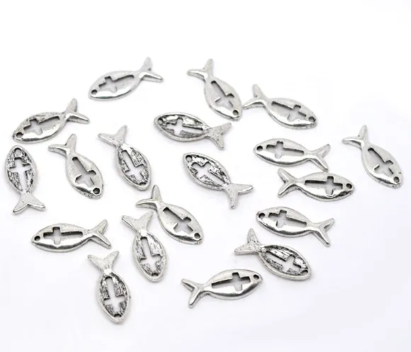 AVBeads Jesus Christian Fish Ichthys Silver Cross 20mm x 9mm Metal Charms 10pcs