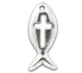 AVBeads Jesus Christian Fish Ichthys Silver Cross 20mm x 9mm Metal Charms 10pcs