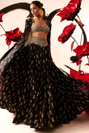 Black Floret Lehenga & Cape Set