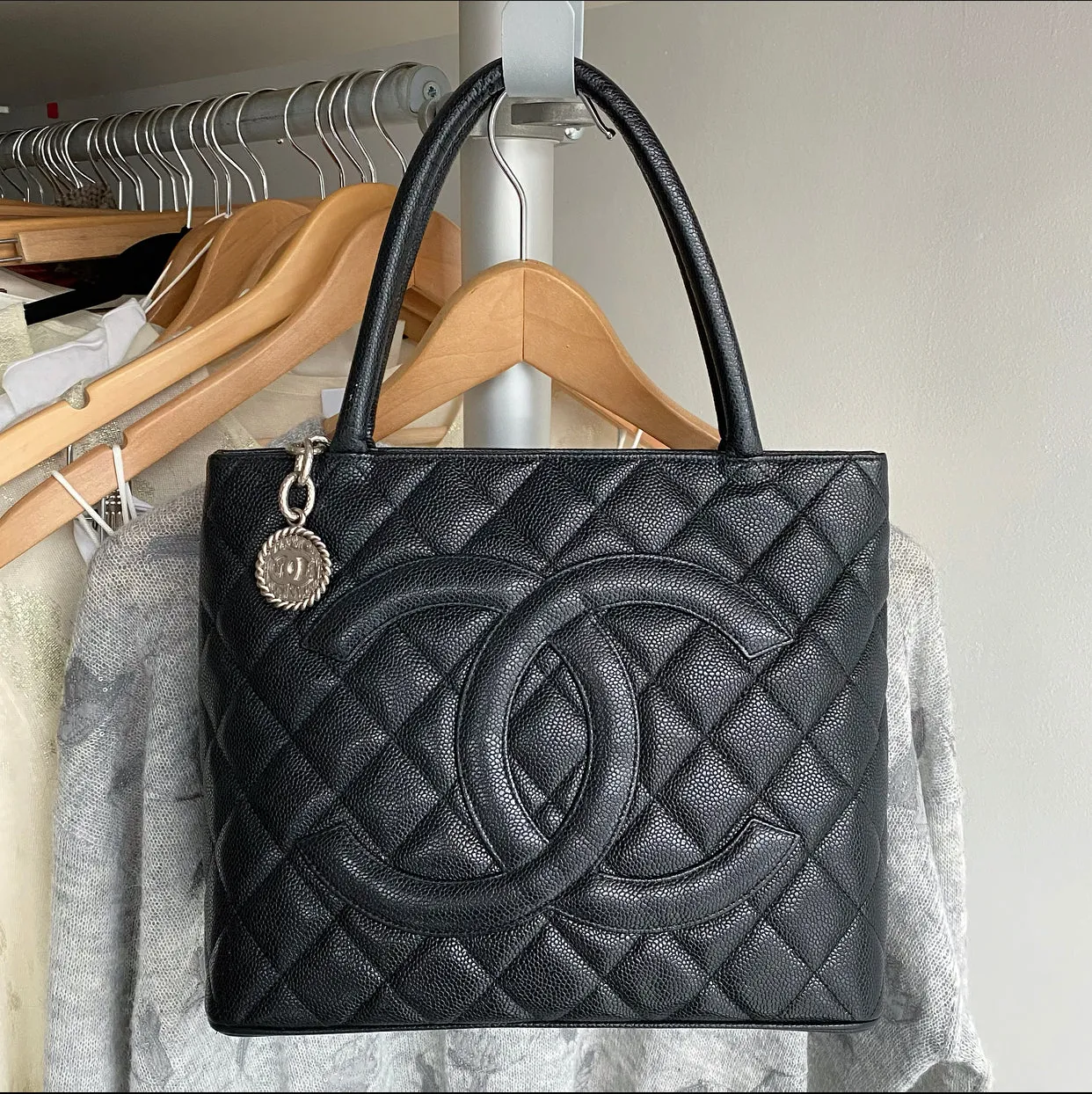 Chanel Black Caviar CC Medallion Tote Bag