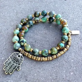 Change, African Turquoise 27 Beads Mala Bracelet with Hamsa Hand