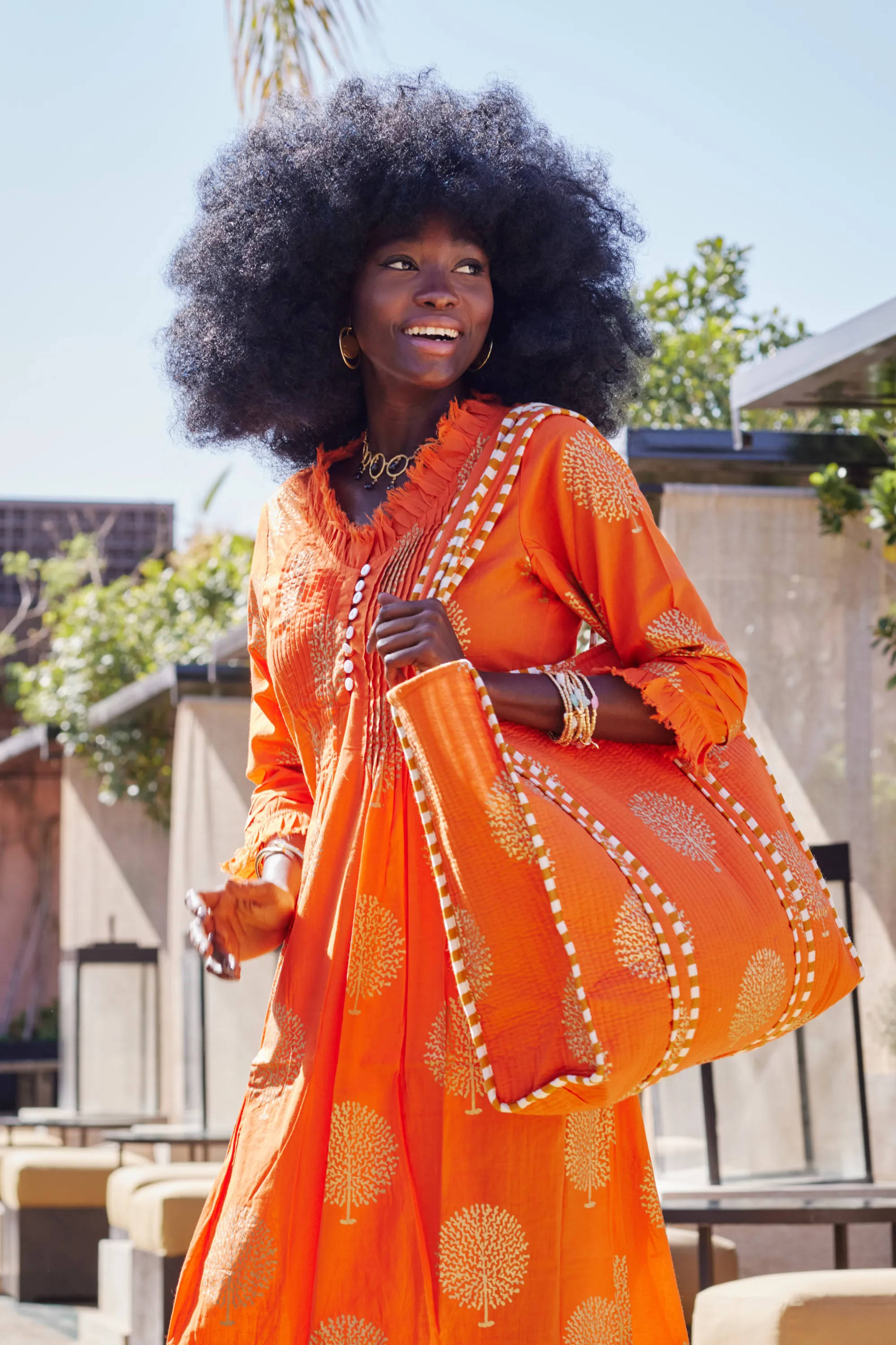 Cotton Tote Bag In Tangerine & Gold