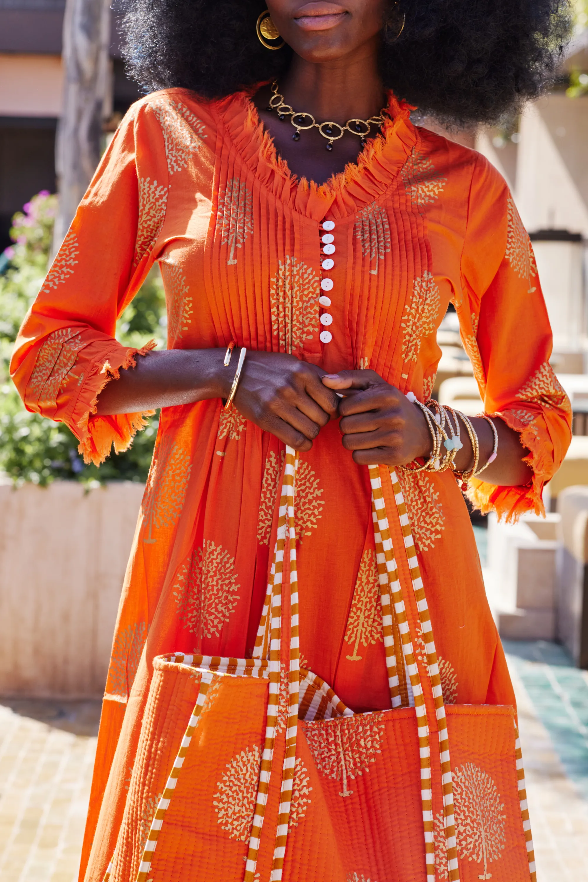 Cotton Tote Bag In Tangerine & Gold