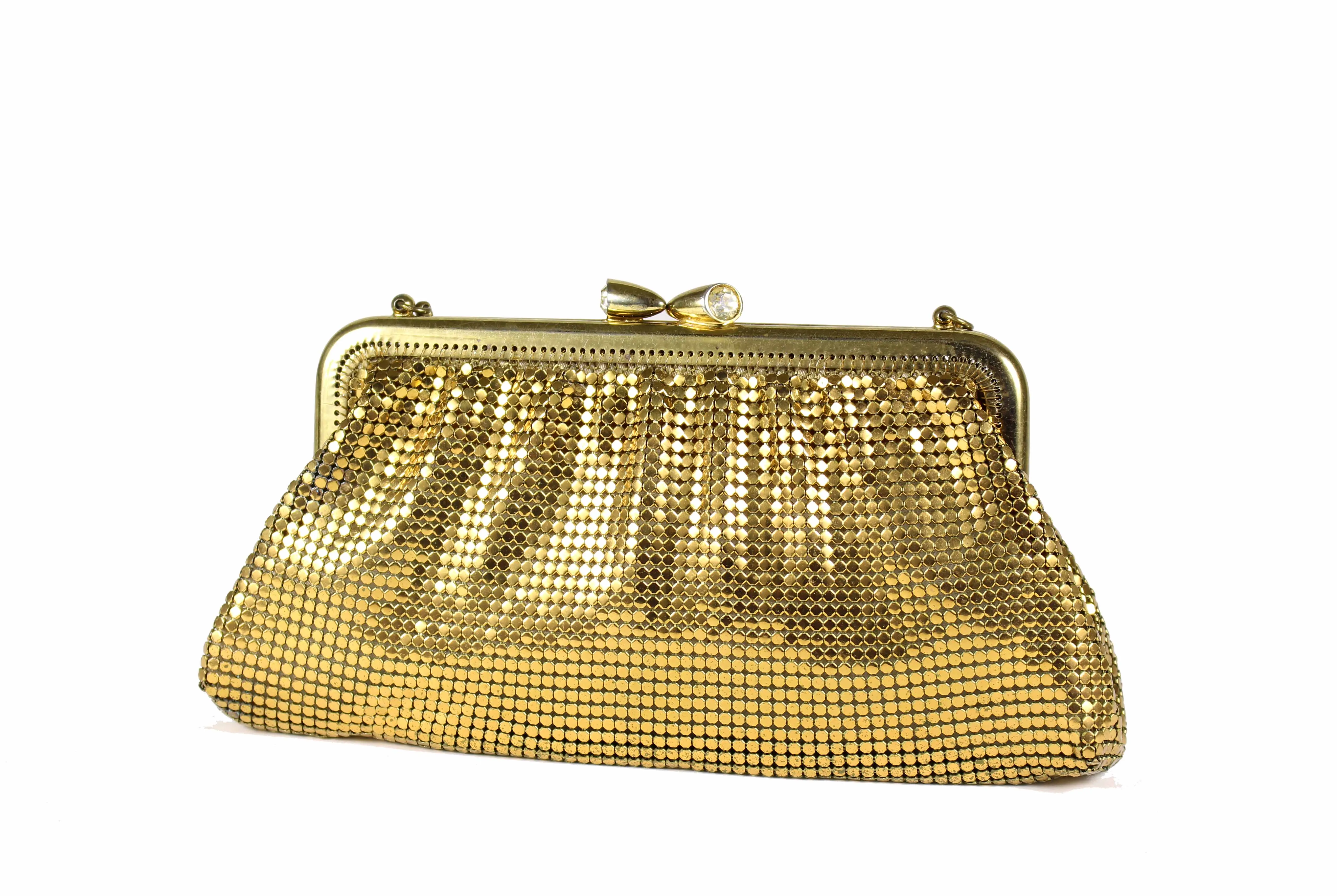 Gold mesh handbag with rhinestone clasp