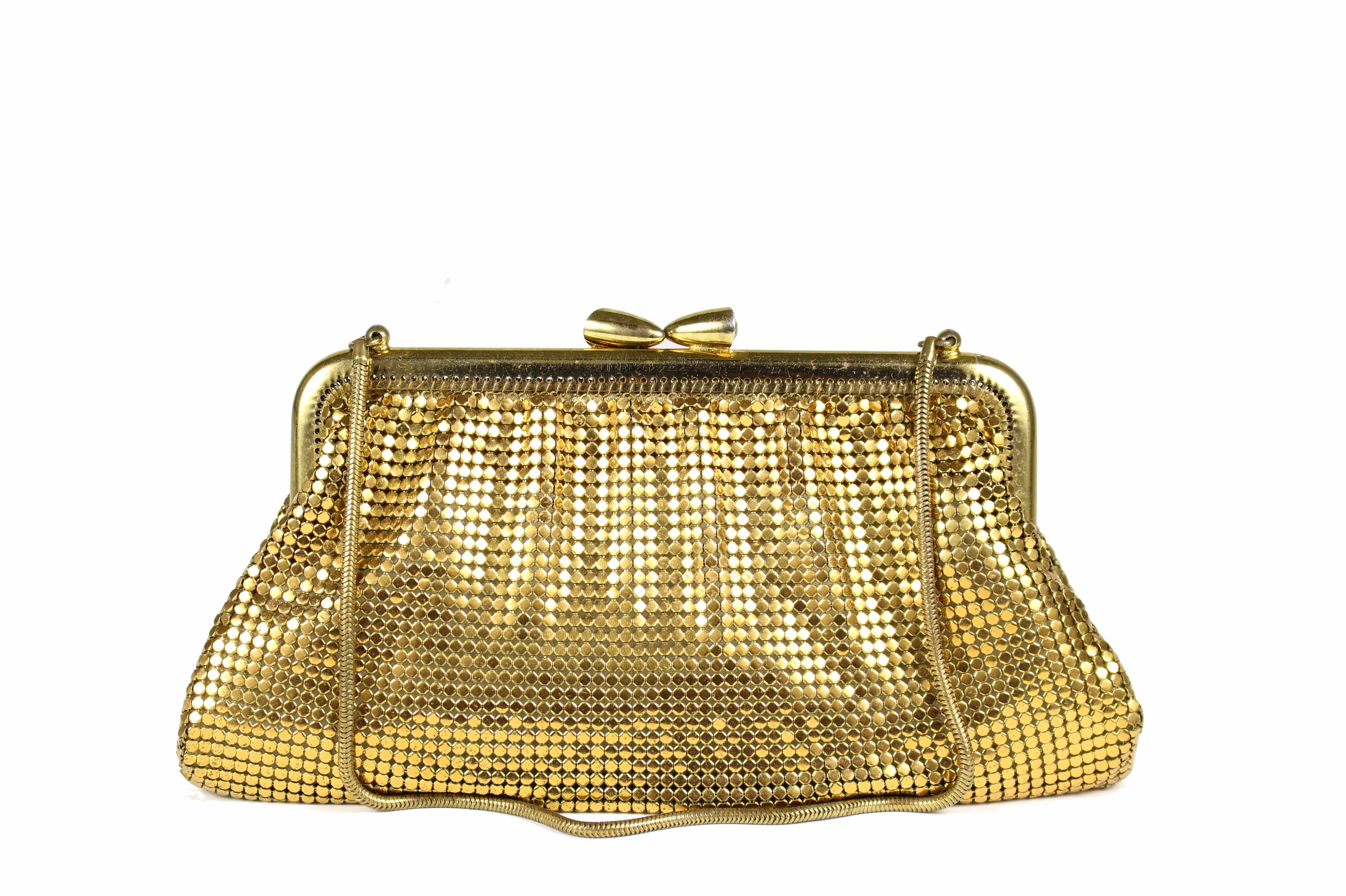 Gold mesh handbag with rhinestone clasp