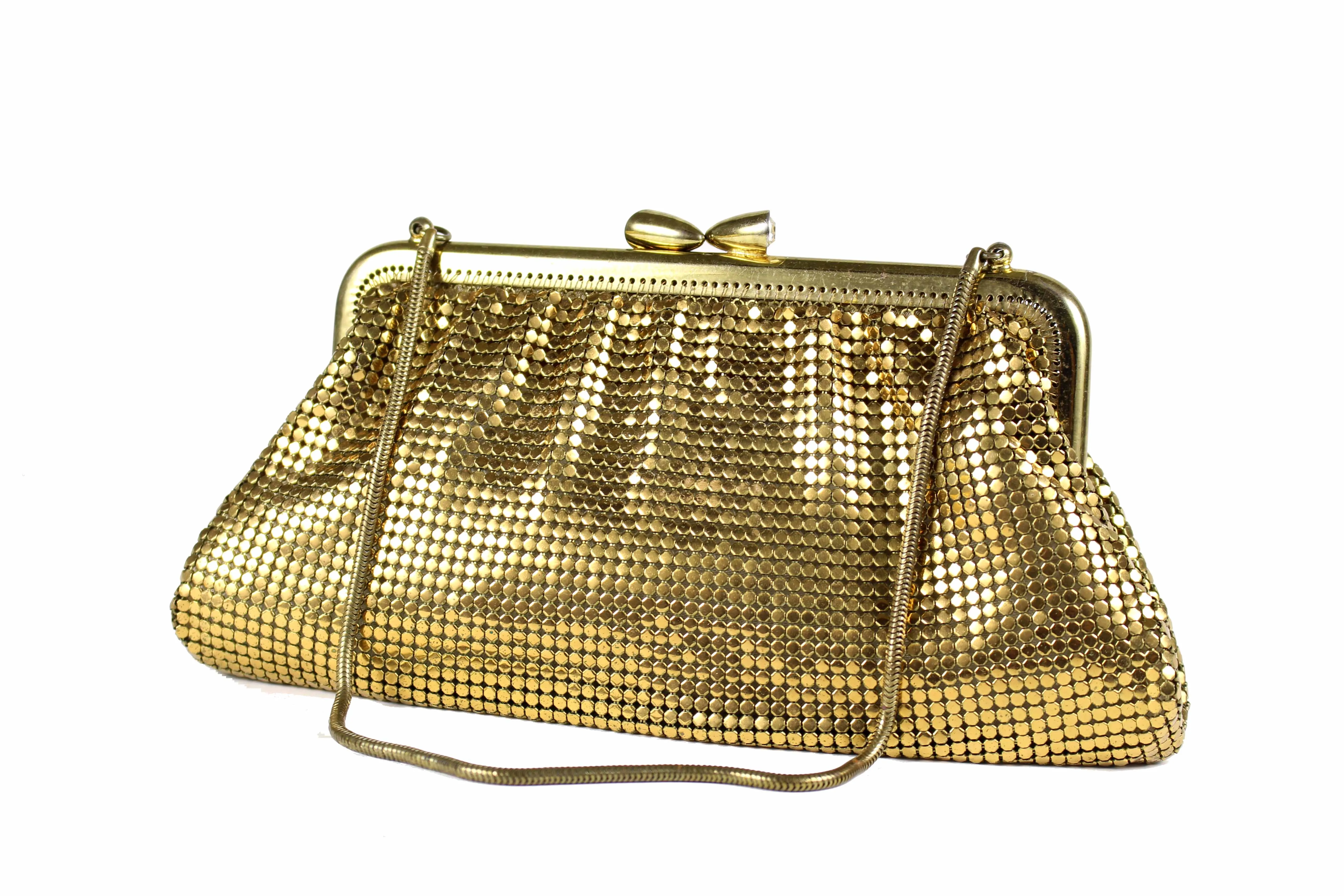 Gold mesh handbag with rhinestone clasp