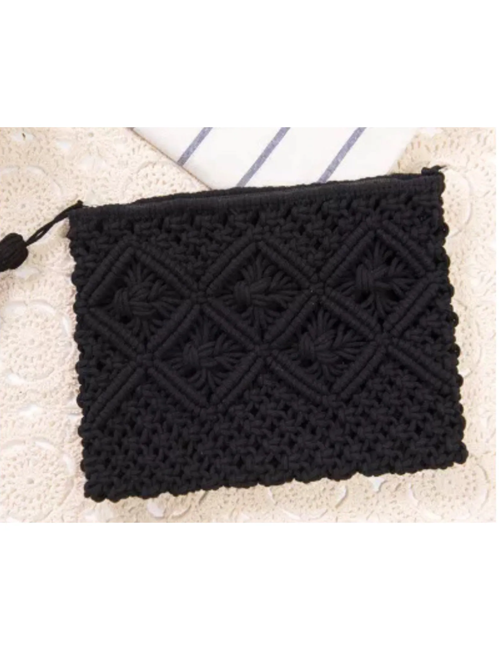 Handmade Cotton Rope Macrame Clutch, Black