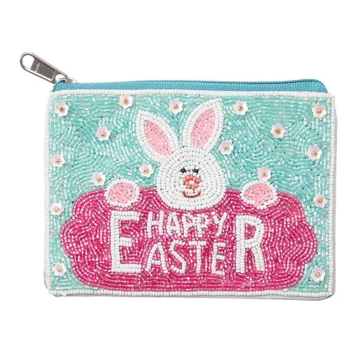 HAPPY EASTER Message Easter Bunny Seed Beaded Mini Pouch Bag