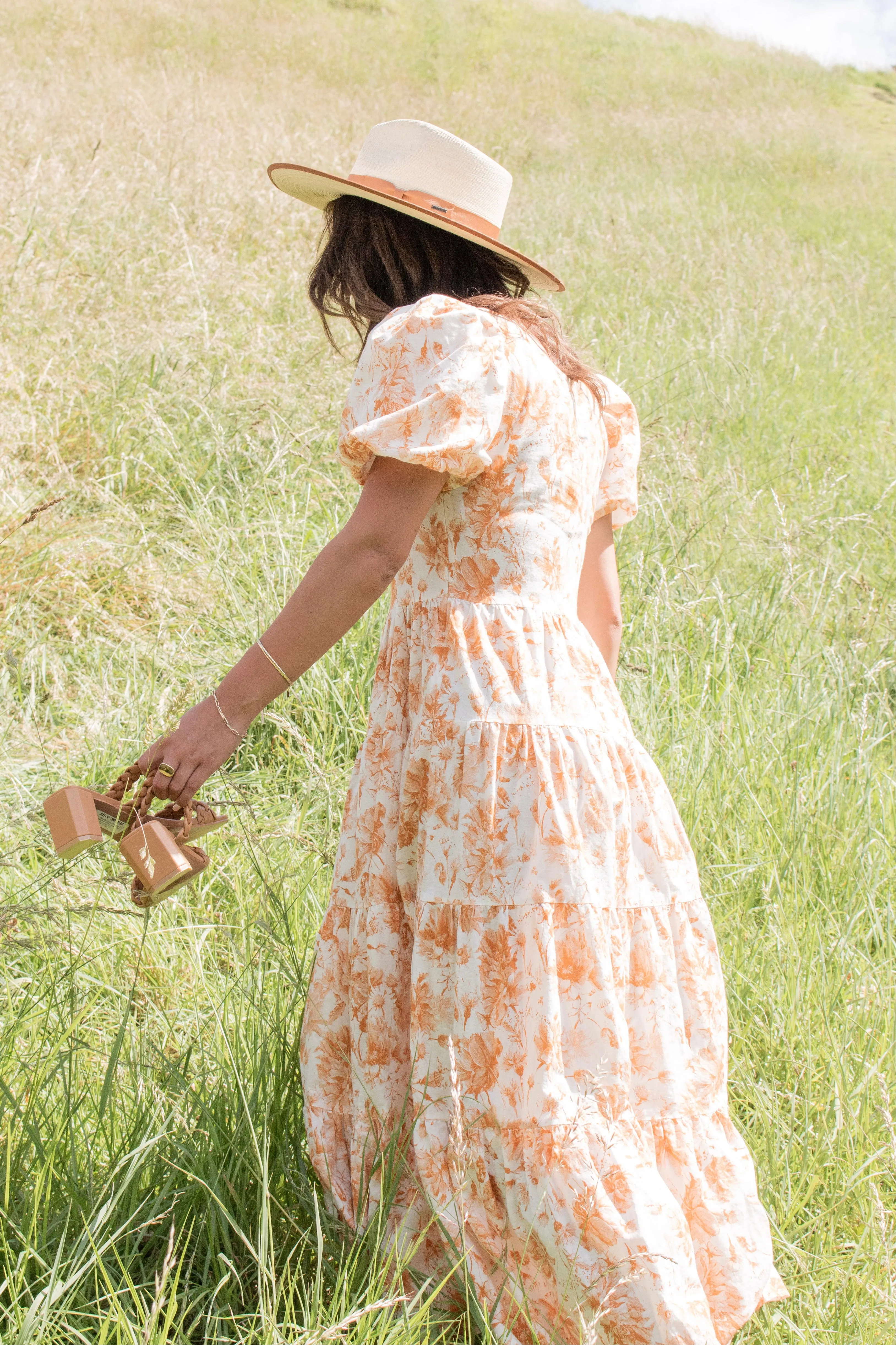 Harmony Rust Floral Bubble SS Tiered Maxi Dress