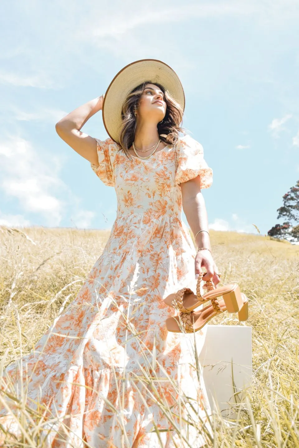 Harmony Rust Floral Bubble SS Tiered Maxi Dress