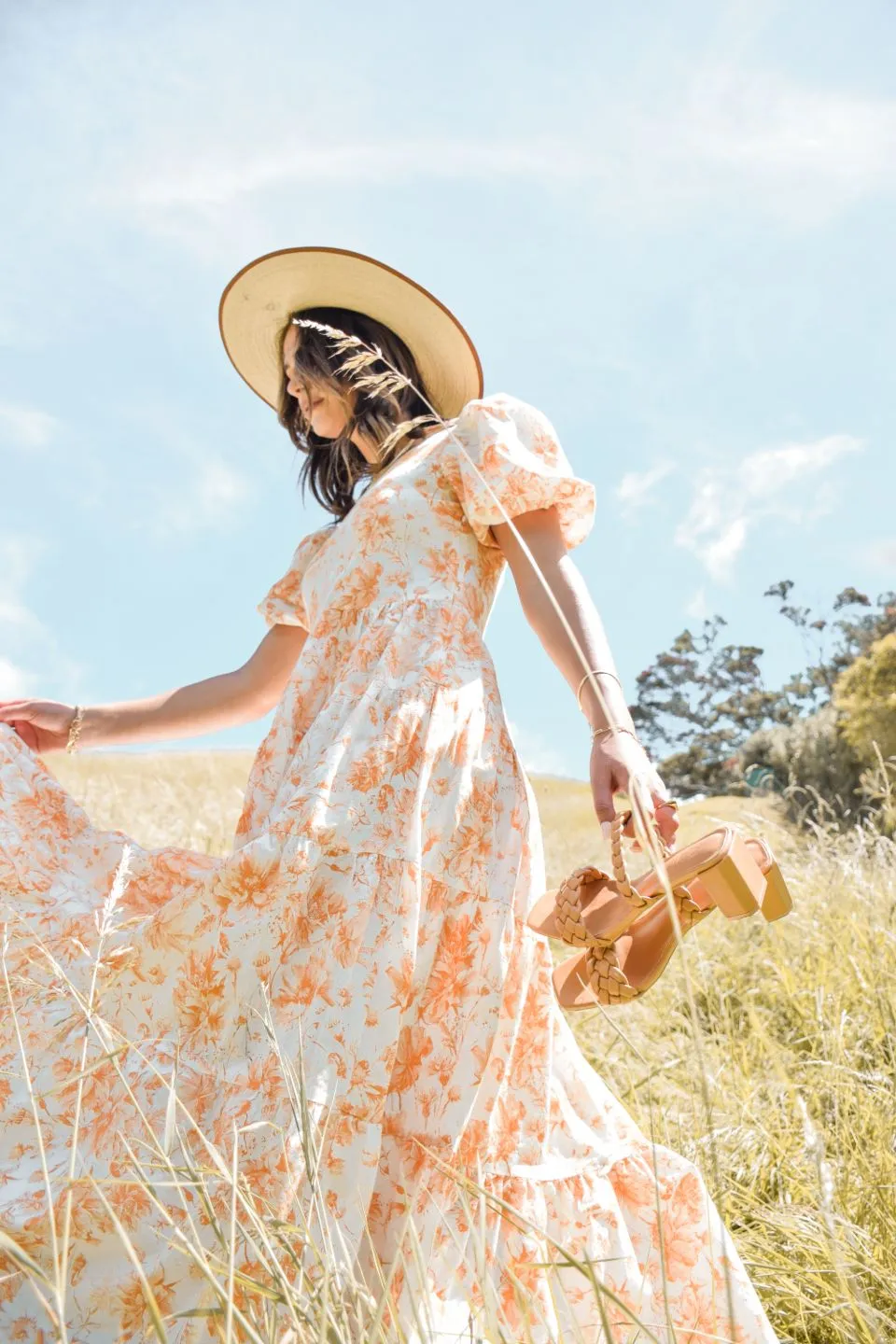 Harmony Rust Floral Bubble SS Tiered Maxi Dress