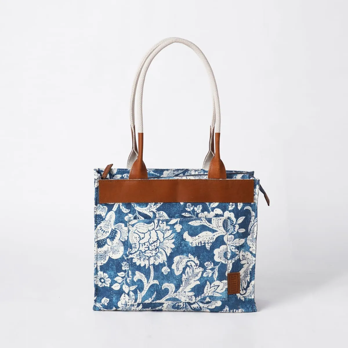 Indigo Dominoterie Print Cotton and Leather Tote Bag, Large Tote, Shoulder Bag