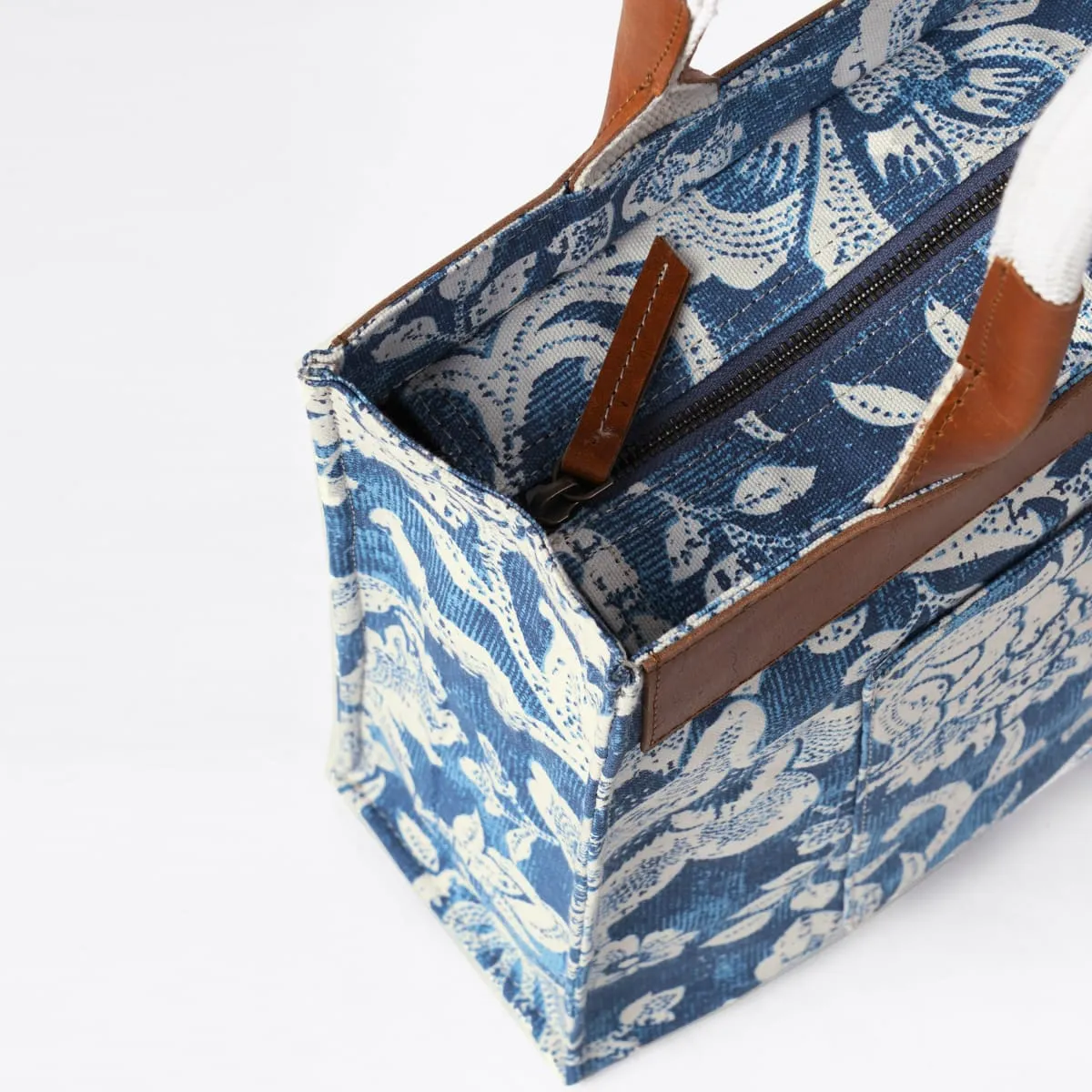 Indigo Dominoterie Print Cotton and Leather Tote Bag, Large Tote, Shoulder Bag