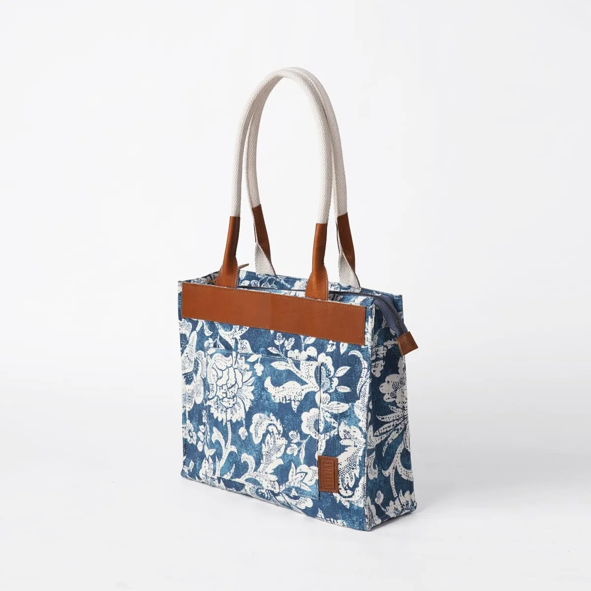 Indigo Dominoterie Print Cotton and Leather Tote Bag, Large Tote, Shoulder Bag