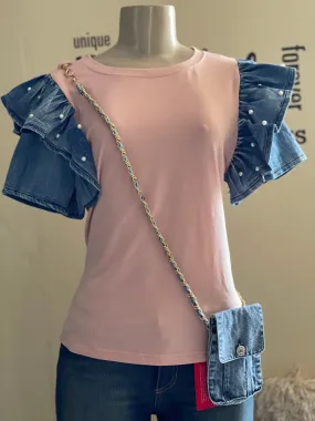 JJ1204 Denim Ruffle top with handbag