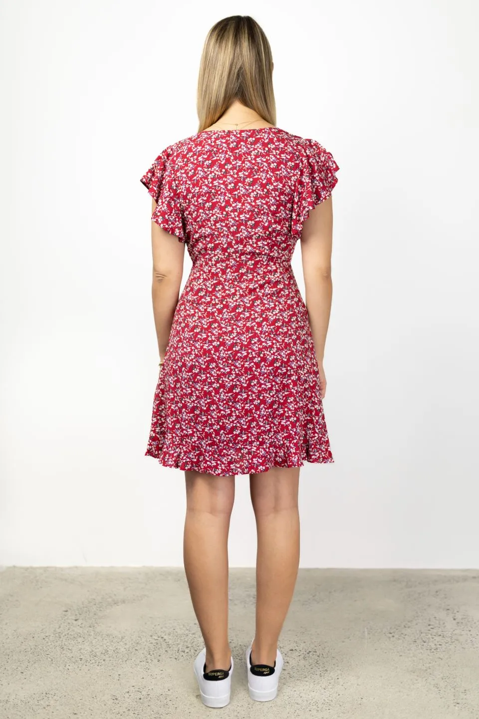 Light Hearted Red Floral Flutter Sleeve Ruffle Hem Mini Dress