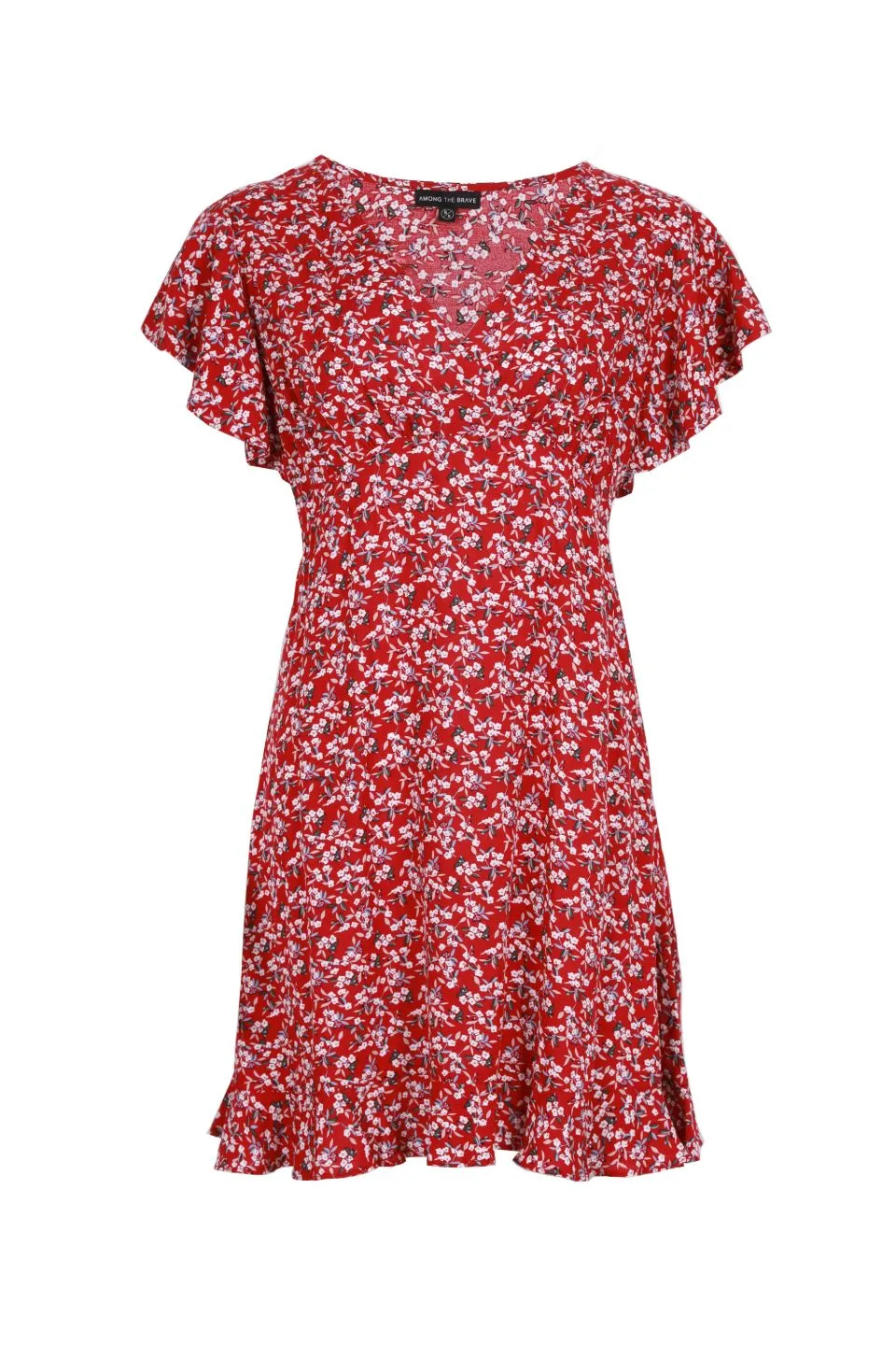 Light Hearted Red Floral Flutter Sleeve Ruffle Hem Mini Dress