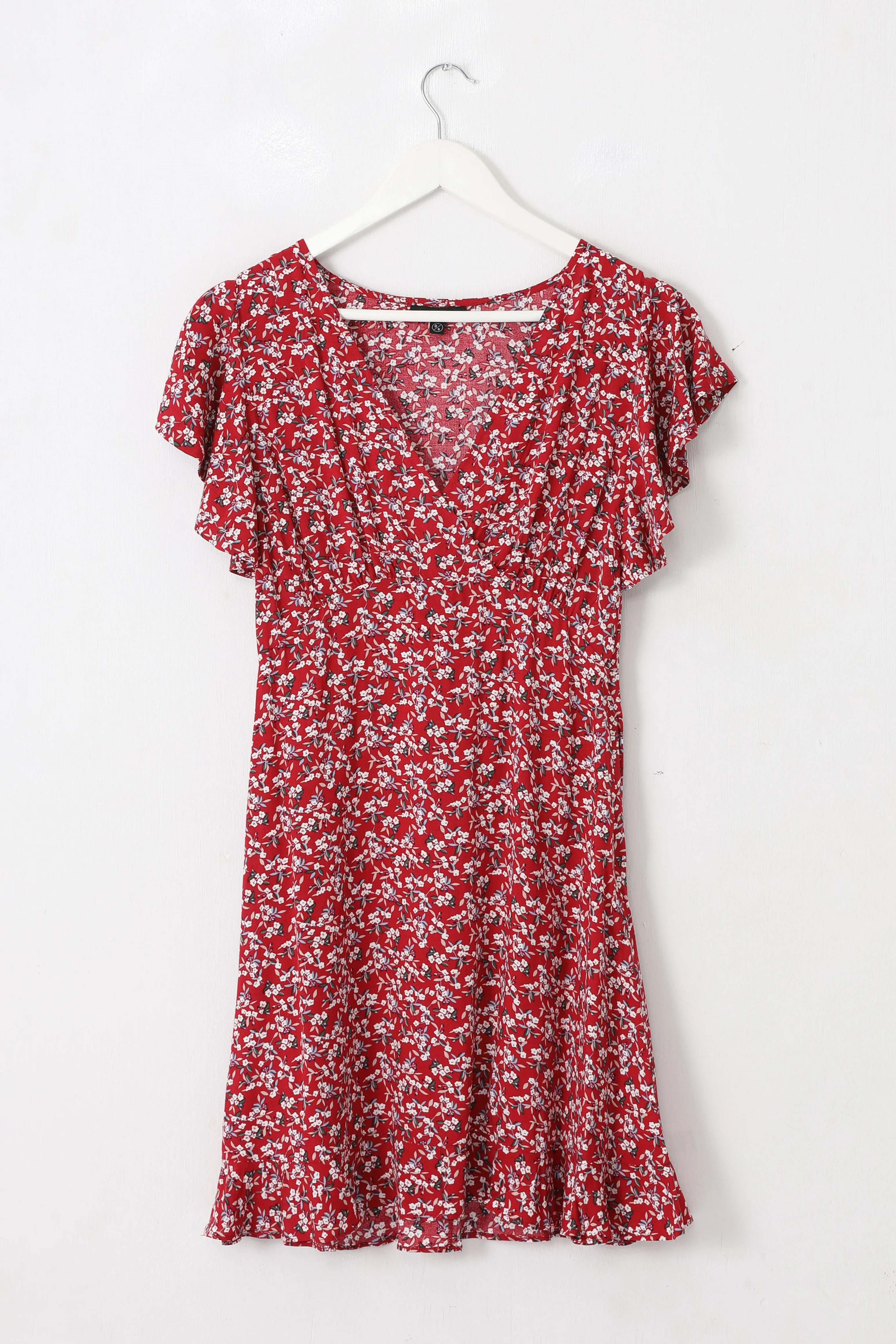 Light Hearted Red Floral Flutter Sleeve Ruffle Hem Mini Dress