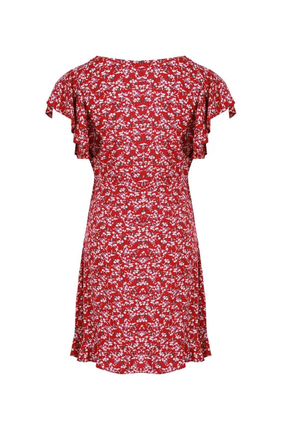 Light Hearted Red Floral Flutter Sleeve Ruffle Hem Mini Dress