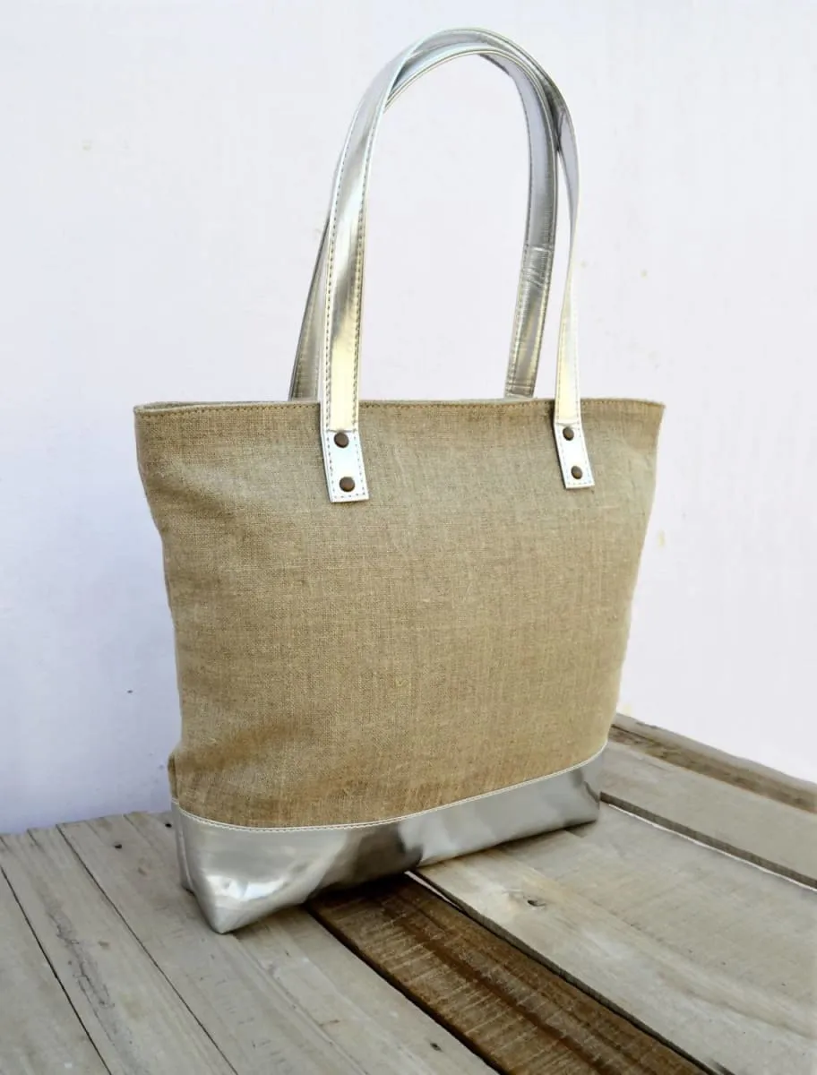 Linen and faux leather tote bag, natural with silver, classic everyday bag.