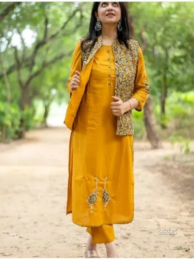 Mustard Yellow Quilted Jacket Cotton Kurti Pant Set of 3