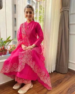 Pink Silk Cotton Salwar Suit with Organza Dupatta