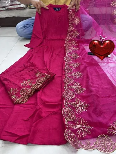 Pink Silk Cotton Salwar Suit with Organza Dupatta