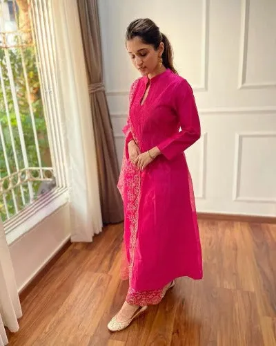 Pink Silk Cotton Salwar Suit with Organza Dupatta