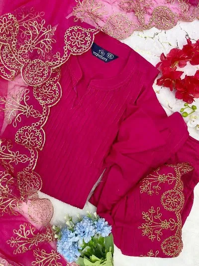 Pink Silk Cotton Salwar Suit with Organza Dupatta