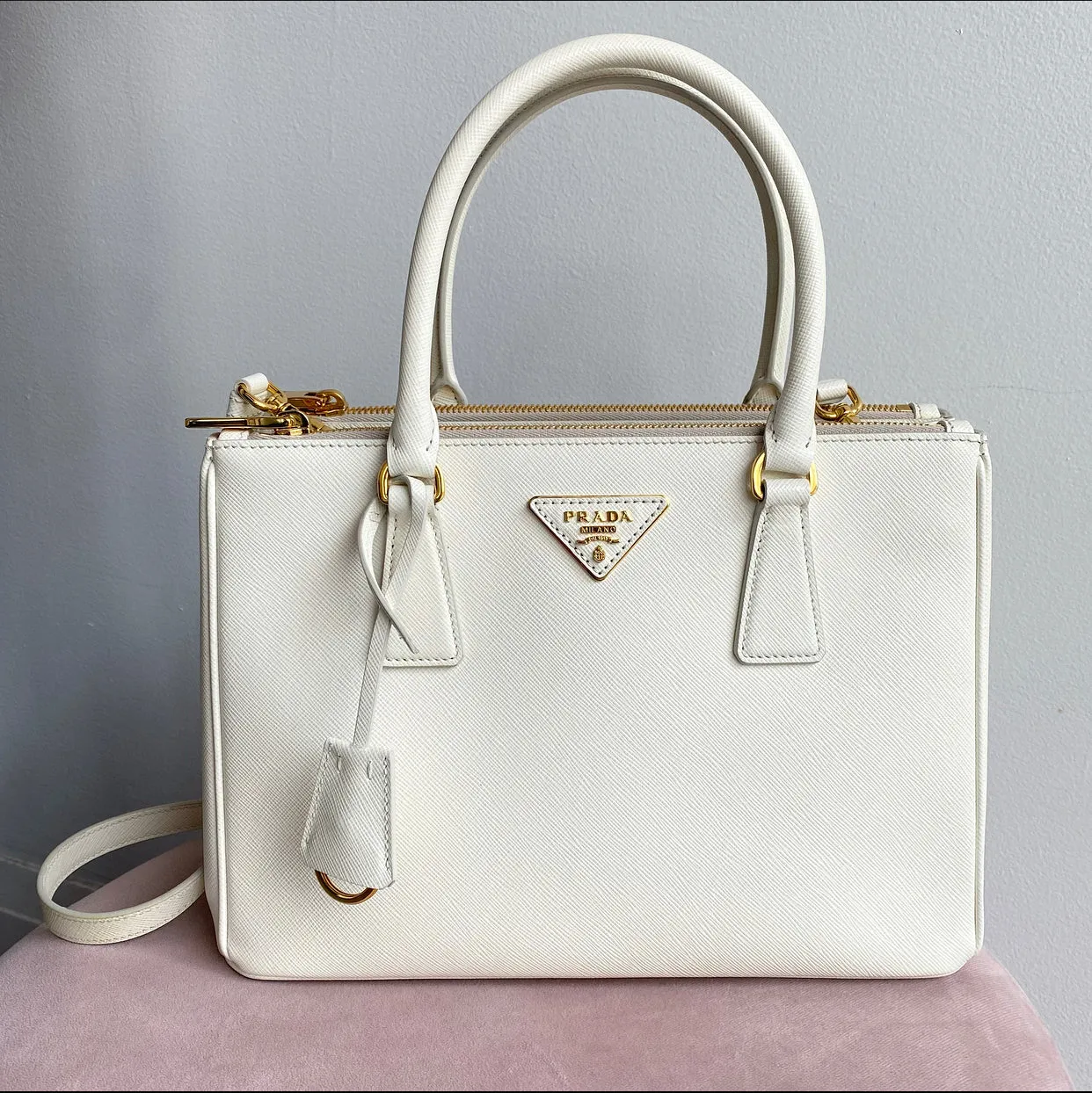 Prada Ivory Saffiano Medium Galleria Double Tote Bag