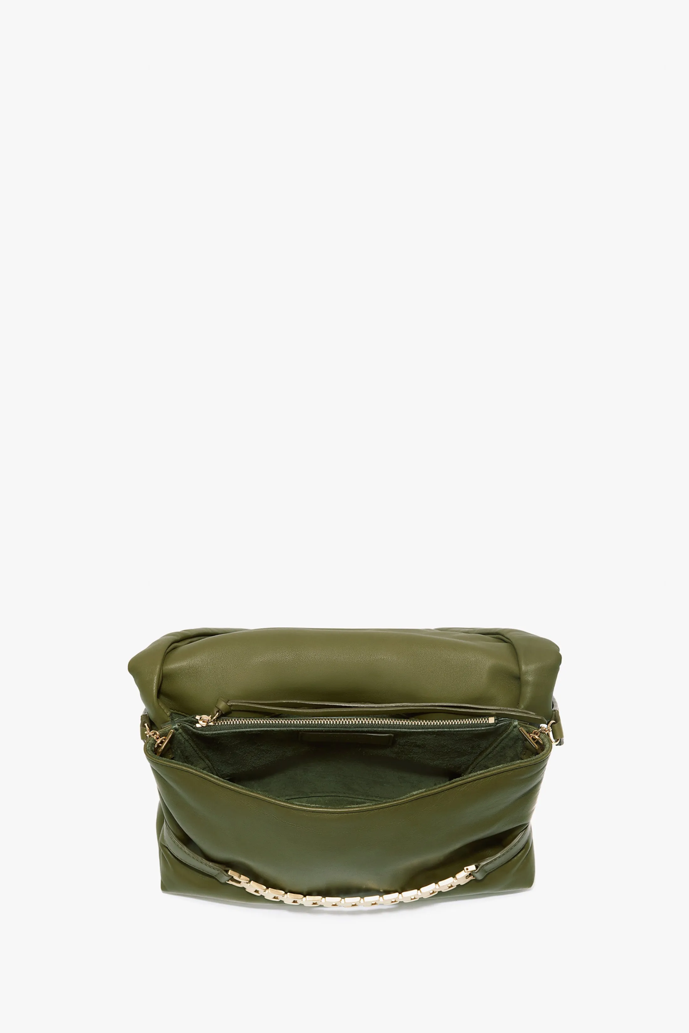 Puffy Chain Pouch With Strap In Khaki Leather