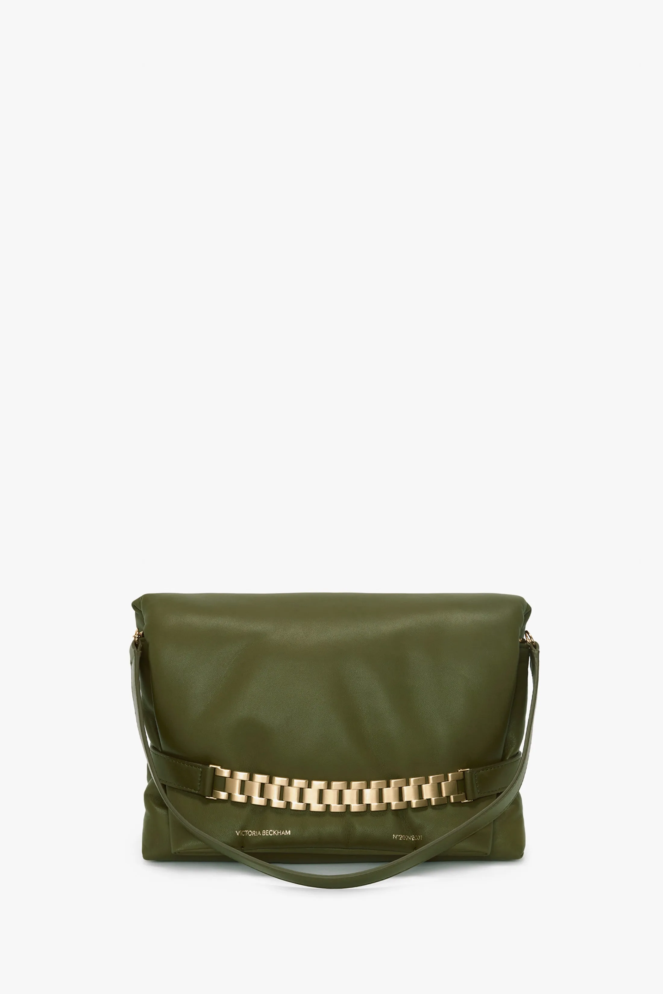 Puffy Chain Pouch With Strap In Khaki Leather