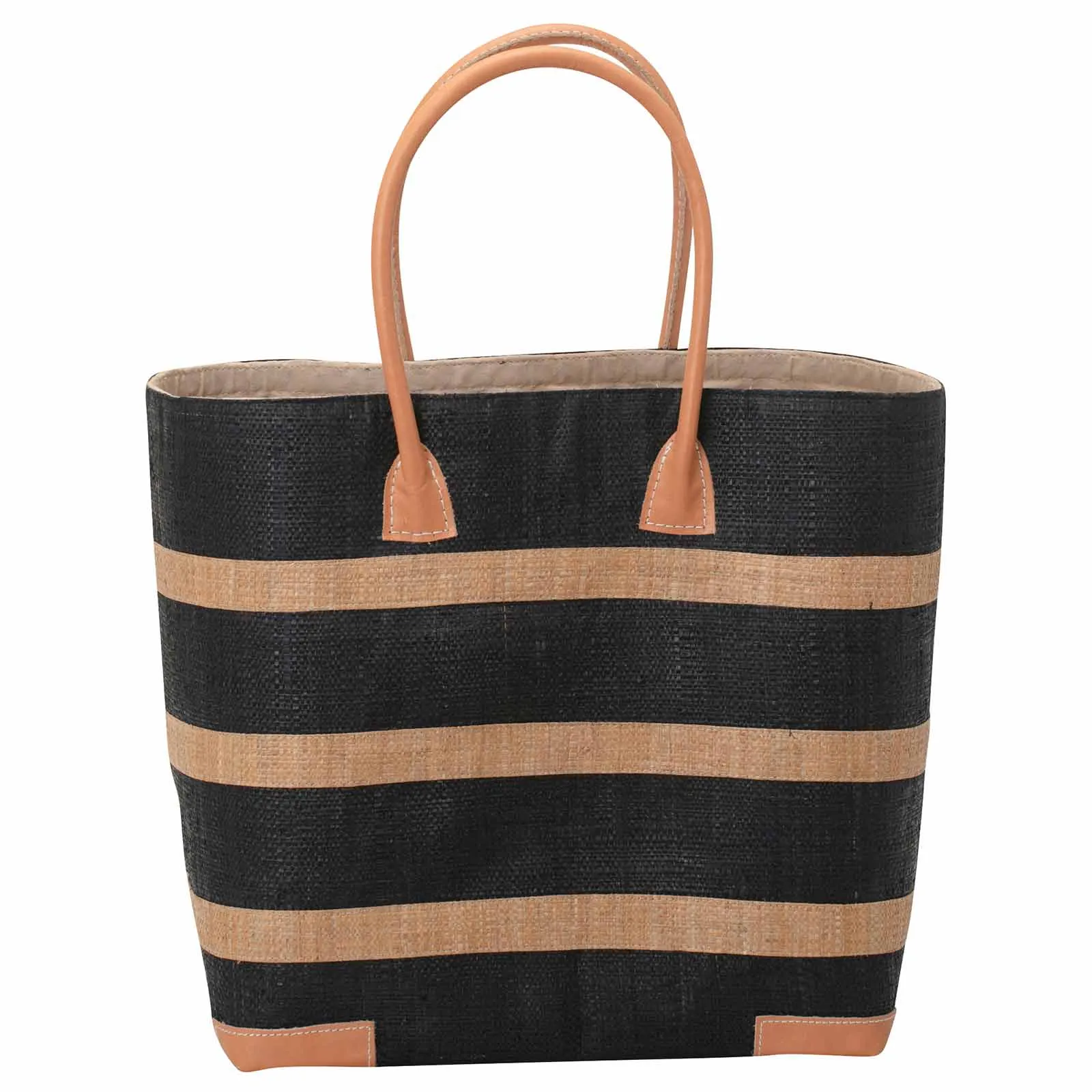 Raffia Black Beach Stripe Tote  with Leather Handle