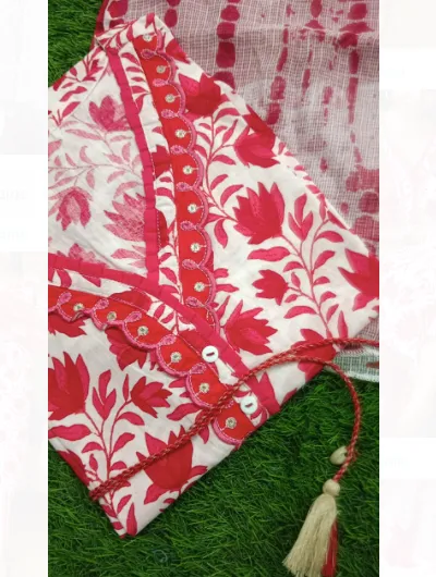 Red White Cotton Handblock Salwar Suit Dupatta