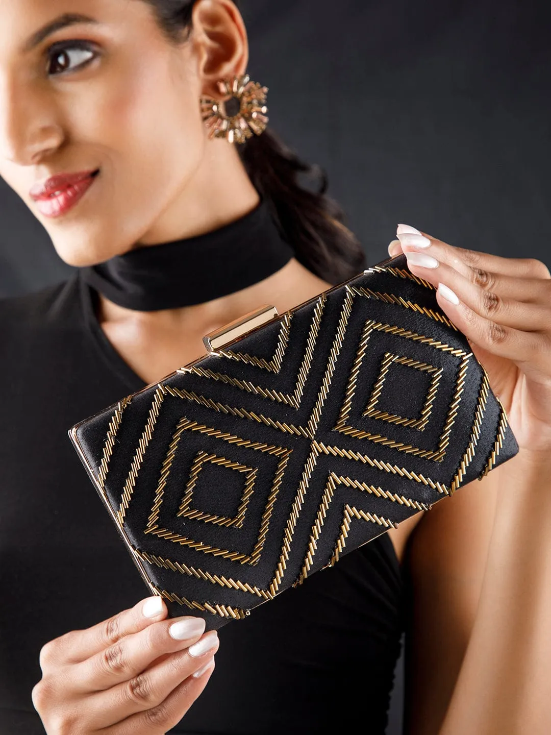 Rubans Navy Blue Coloured Box Clutch With Embellished Golden Beads