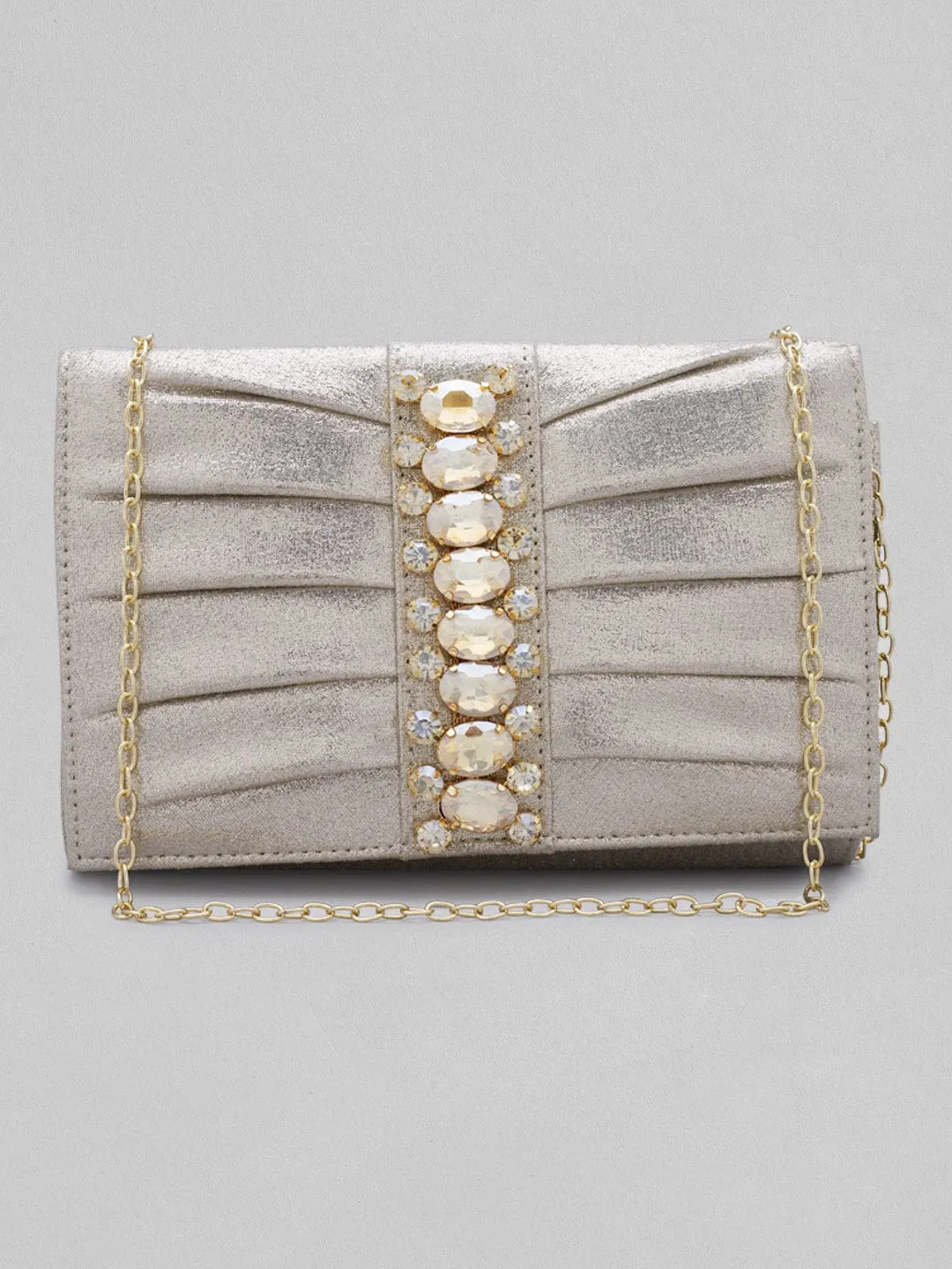 Rubans Silver Coloured Clutch Bag With Studded Stone Design