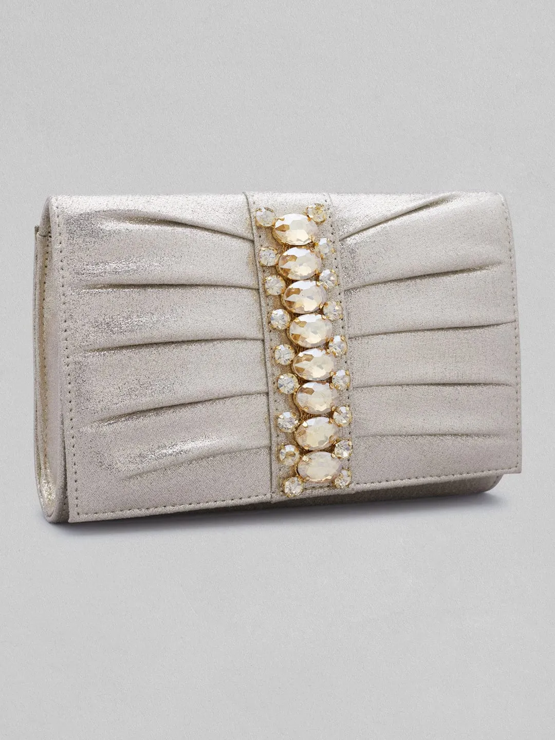 Rubans Silver Coloured Clutch Bag With Studded Stone Design