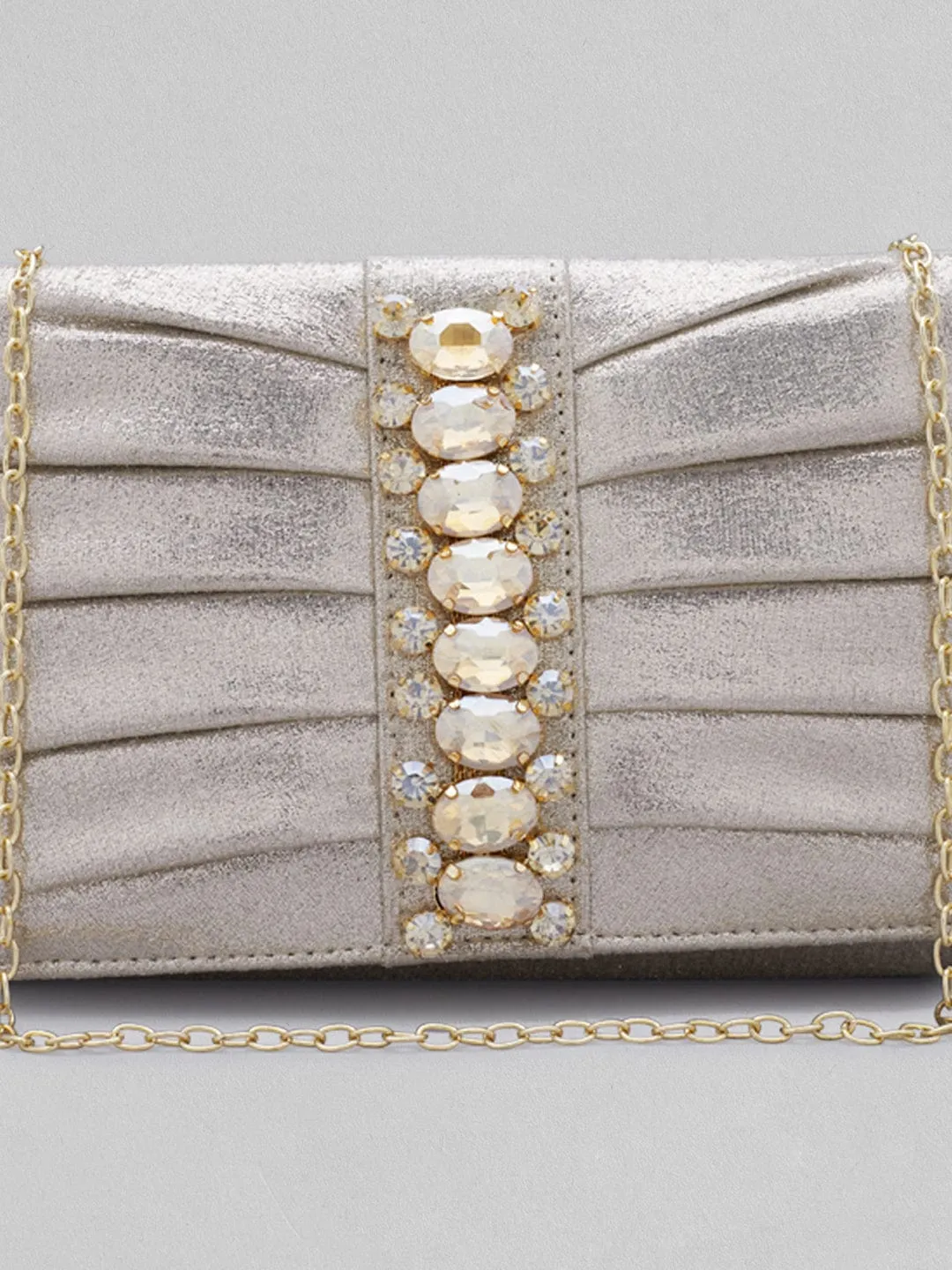 Rubans Silver Coloured Clutch Bag With Studded Stone Design