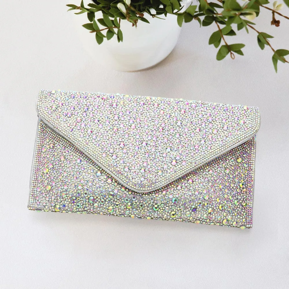 Silver Bling Studded Envelop Evening Clutch Bag / Crossbody Bag