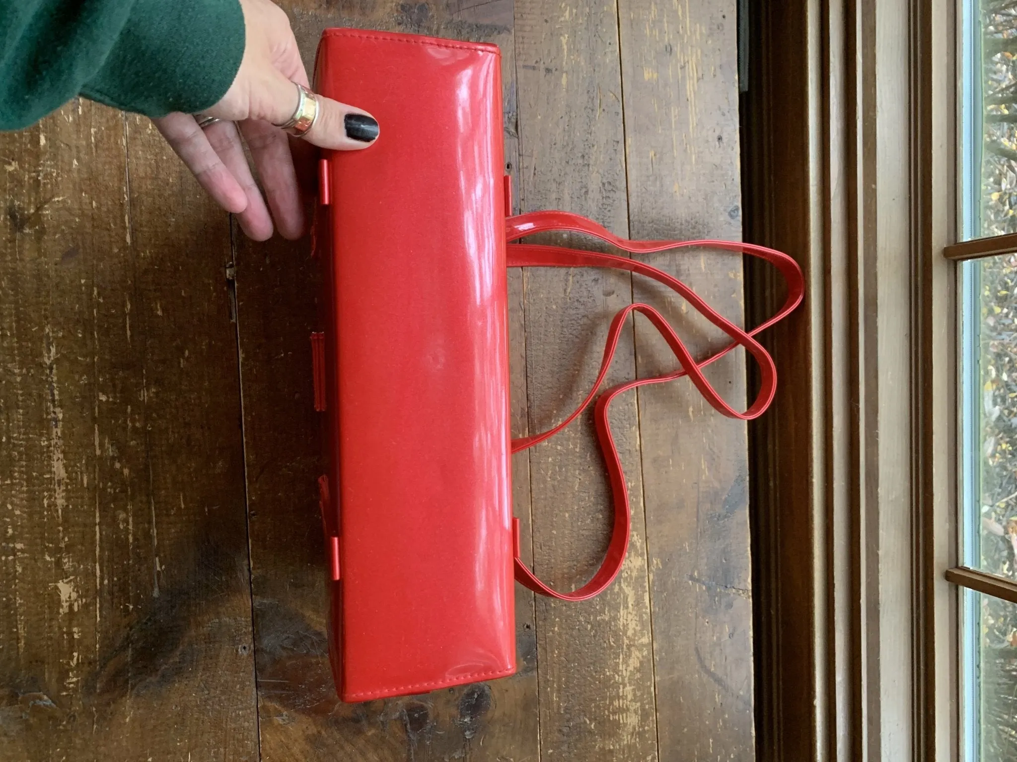 Vintage 1950s Red Patent Leather Purse or Shoulder Bag with Gold Tone Hardware. Sustainable Fashion