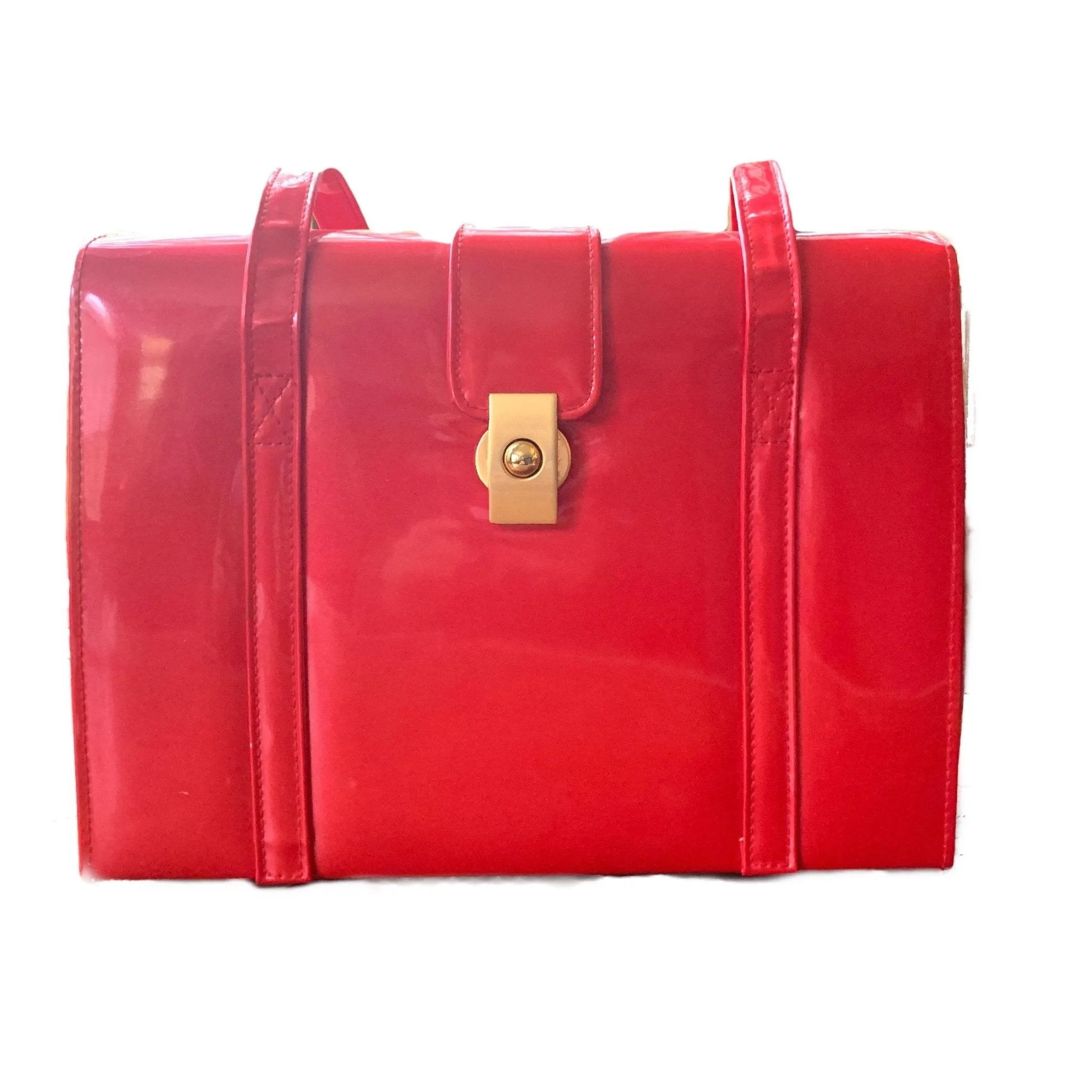 Vintage 1950s Red Patent Leather Purse or Shoulder Bag with Gold Tone Hardware. Sustainable Fashion