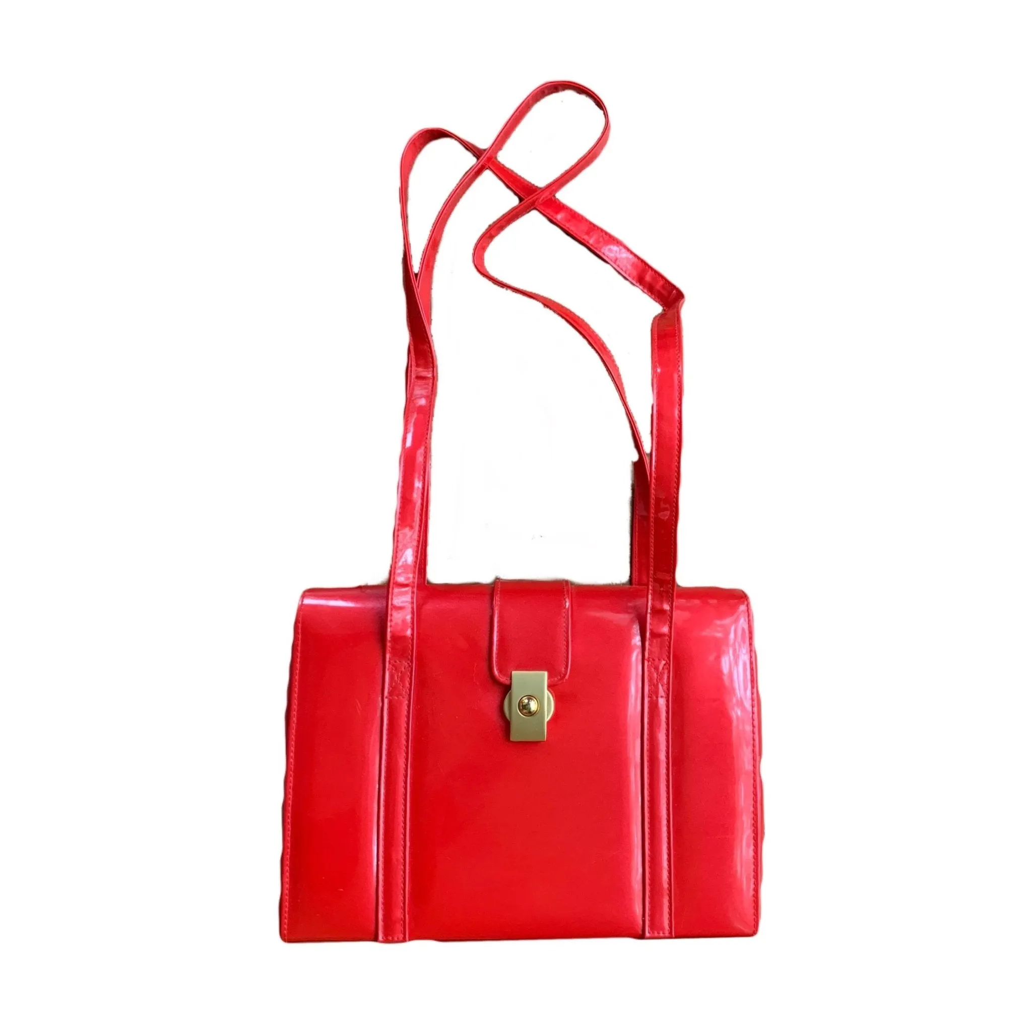 Vintage 1950s Red Patent Leather Purse or Shoulder Bag with Gold Tone Hardware. Sustainable Fashion