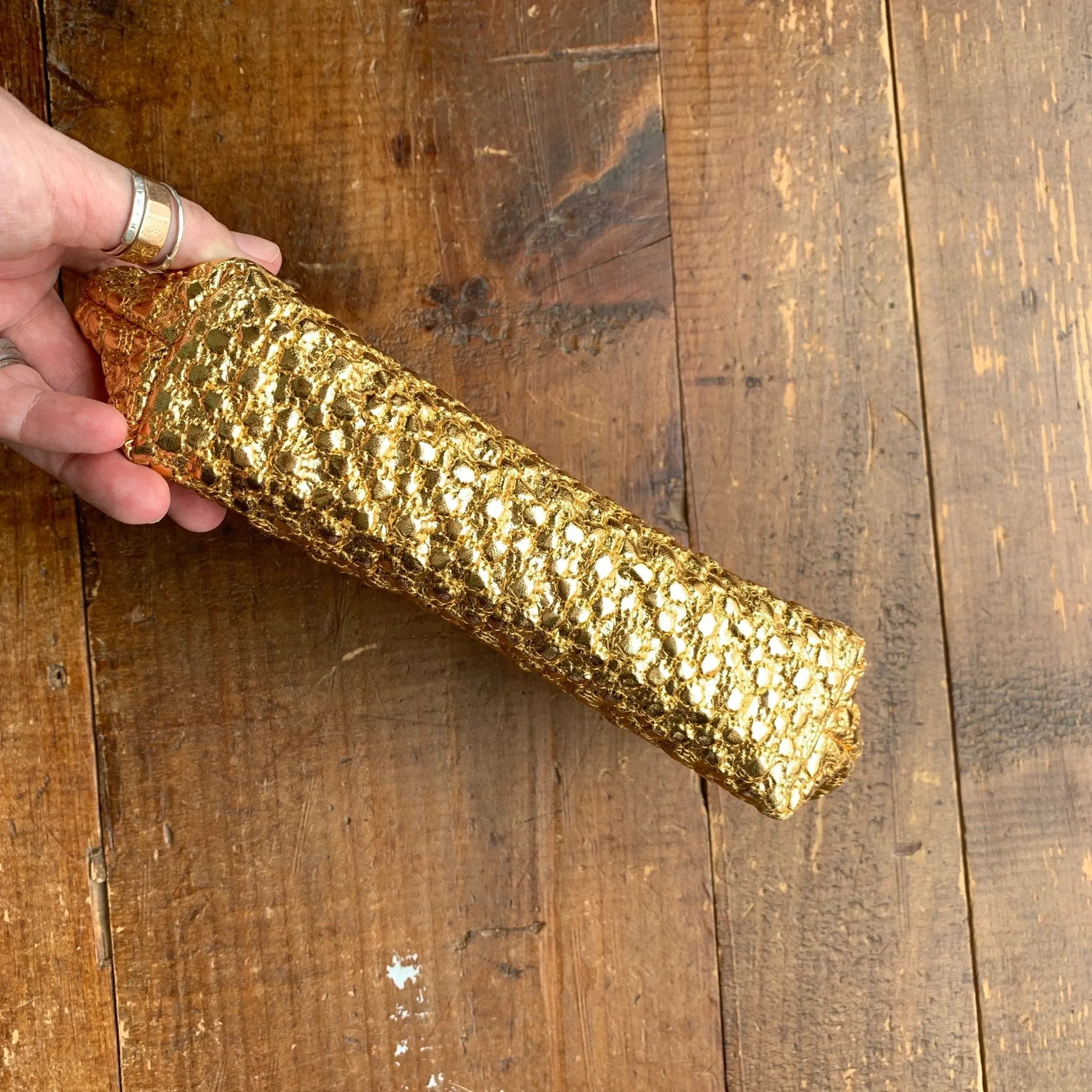 Vintage Gold Lame Clutch with Rhinestone Closure. Metallic Statement Accessory Circa 1960s.