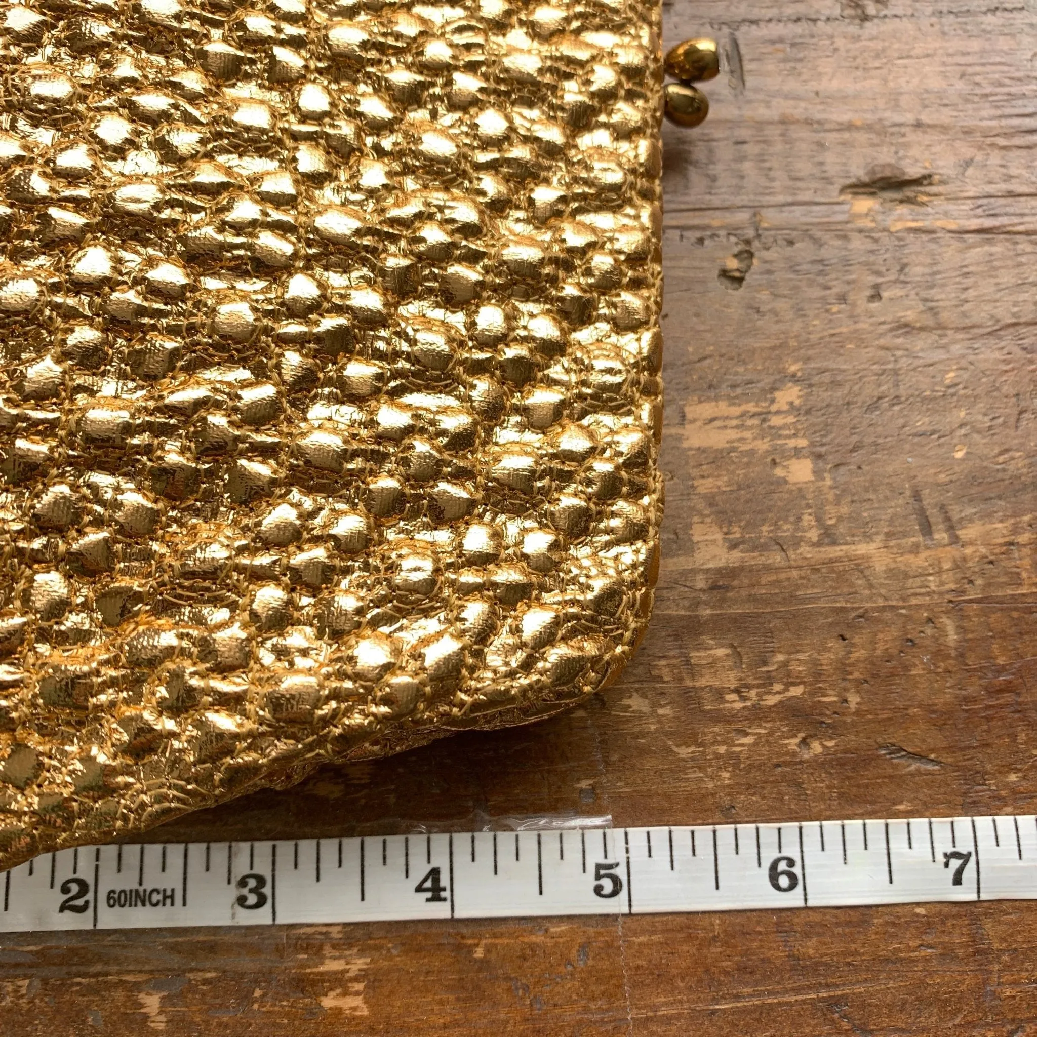 Vintage Gold Lame Clutch with Rhinestone Closure. Metallic Statement Accessory Circa 1960s.