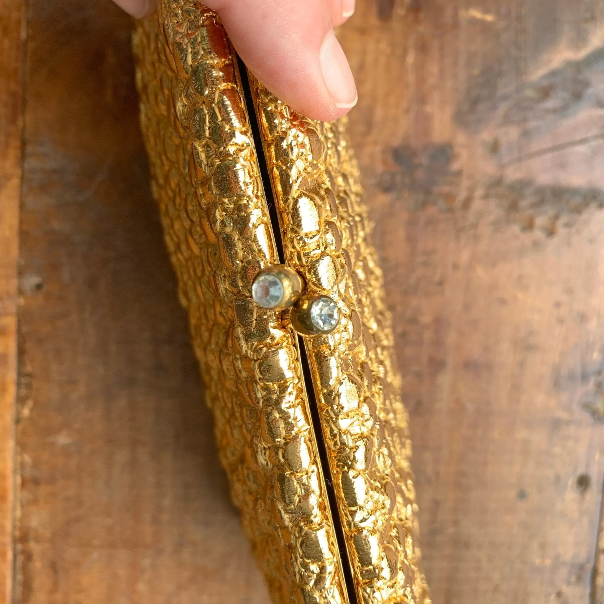 Vintage Gold Lame Clutch with Rhinestone Closure. Metallic Statement Accessory Circa 1960s.