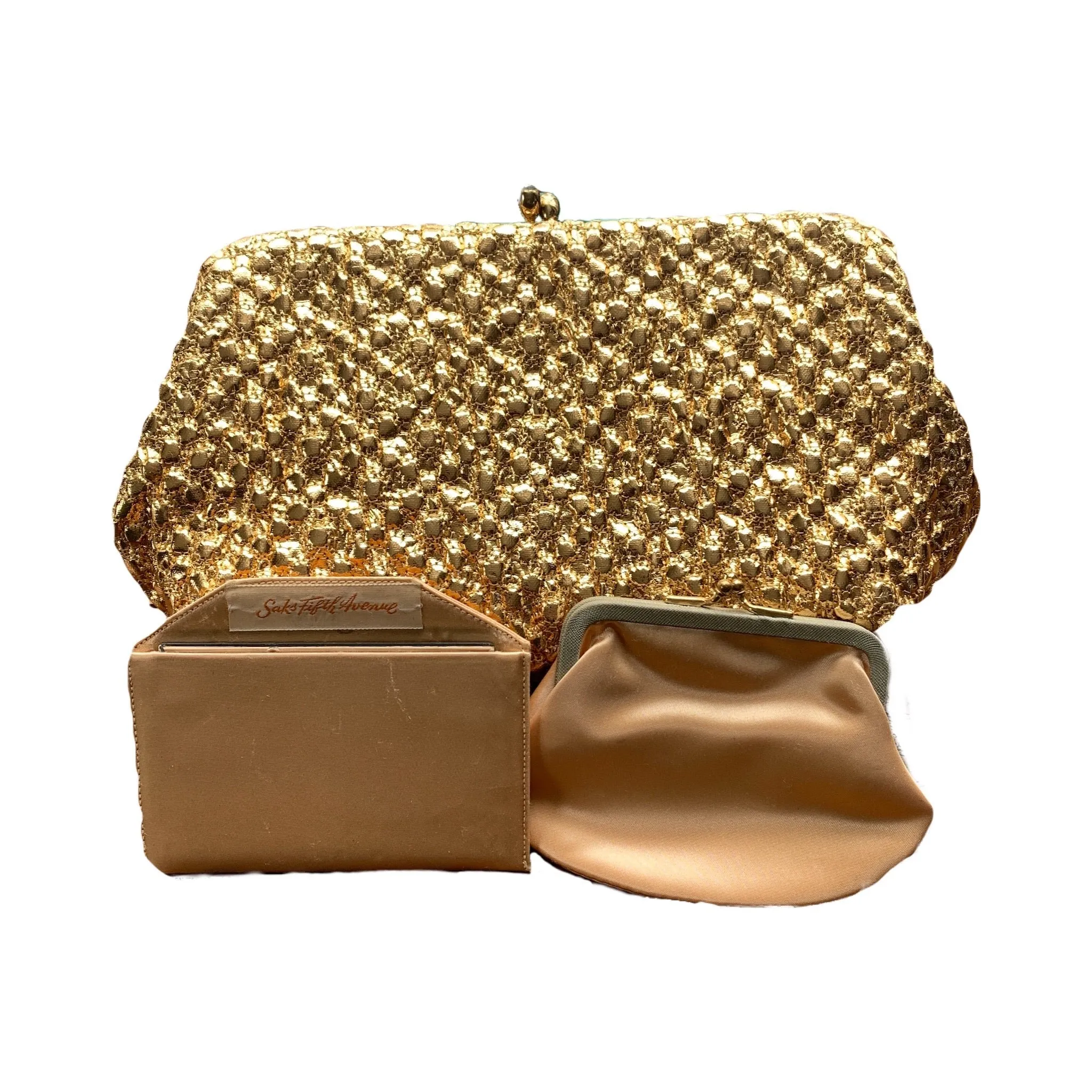 Vintage Gold Lame Clutch with Rhinestone Closure. Metallic Statement Accessory Circa 1960s.