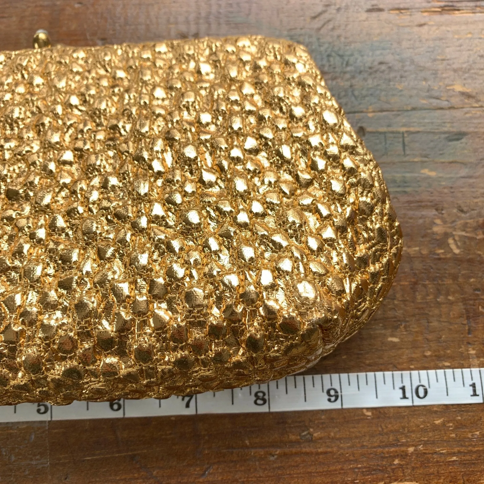 Vintage Gold Lame Clutch with Rhinestone Closure. Metallic Statement Accessory Circa 1960s.