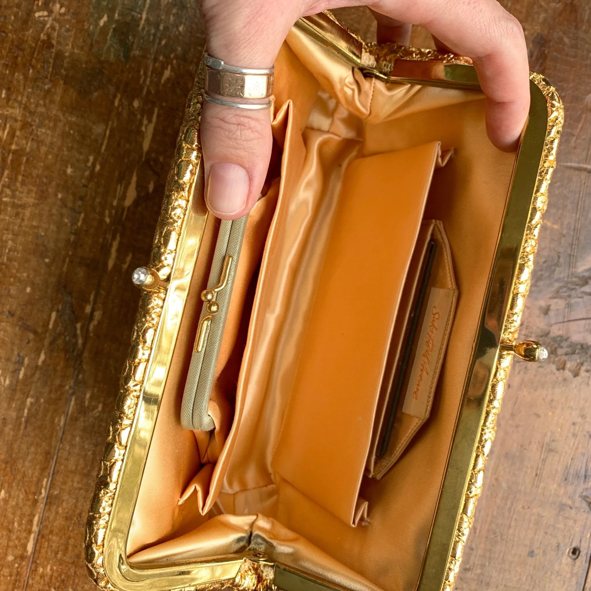 Vintage Gold Lame Clutch with Rhinestone Closure. Metallic Statement Accessory Circa 1960s.